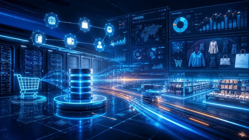 Futuristic digital illustration of an online retail environment featuring data servers, a shopping cart, digital charts, retail products on high-tech screens, and intelligent database analytics enhancing performance and scalability.