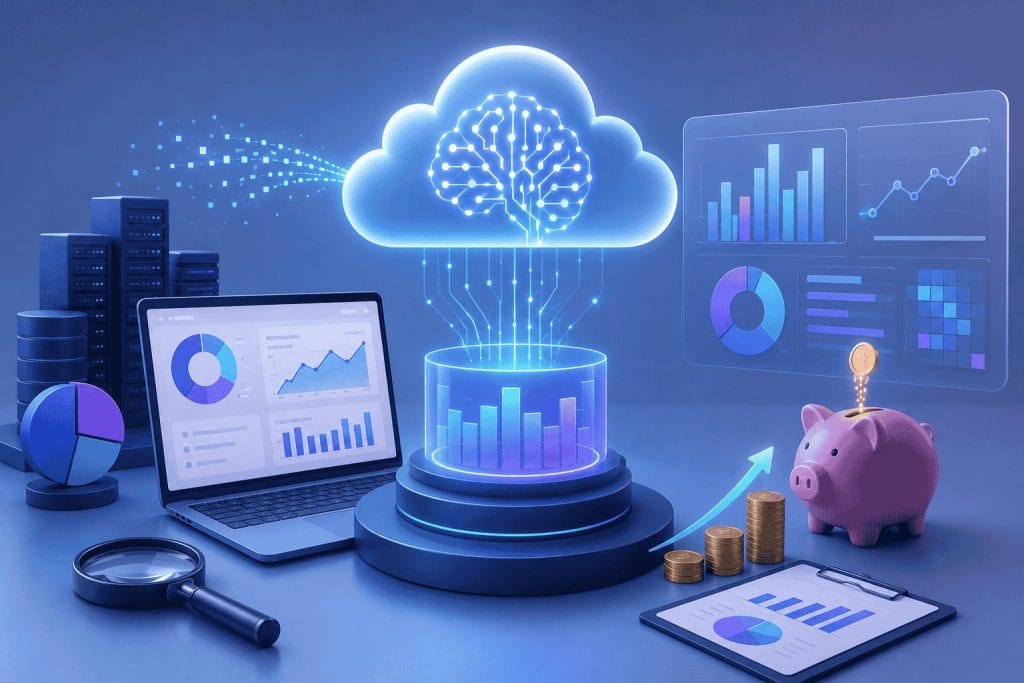 Digital illustration of cloud computing and data analytics, featuring graphs on a laptop, charts, a piggy bank with coins, and a holographic cloud with a neural network design.