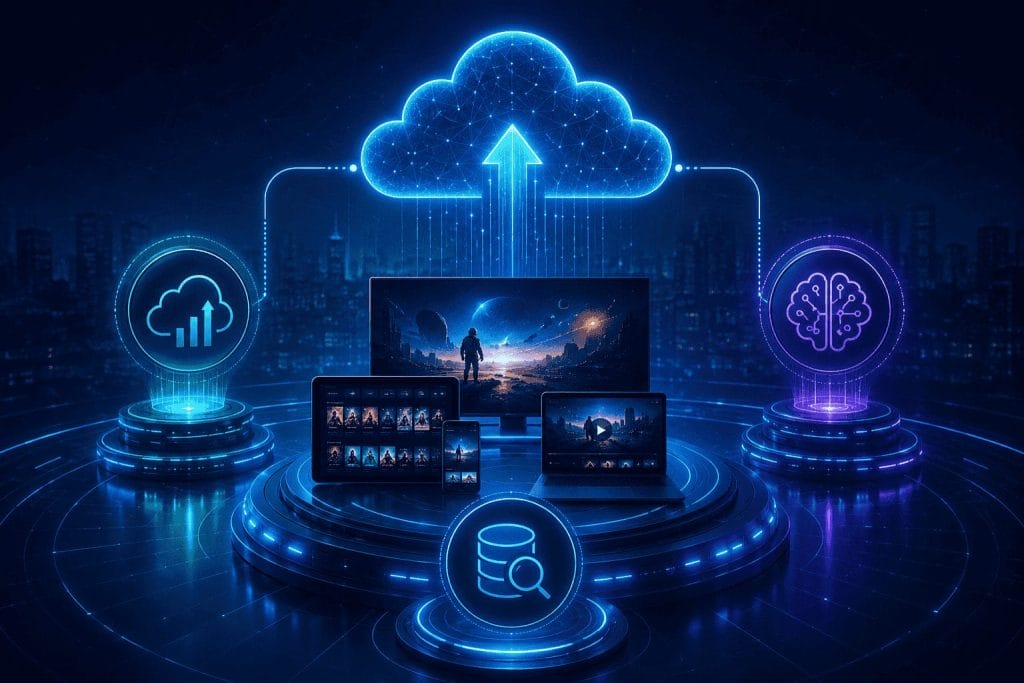 Futuristic digital illustration showing cloud computing, data storage, analytics, and AI icons connected to multiple screens with a virtual landscape background.