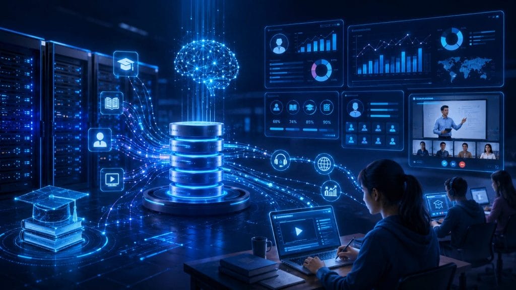 People work on laptops in a high-tech room with digital screens, data visualizations, and a holographic brain above a server, representing artificial intelligence, E-Learning Platforms, and intelligent database analytics.