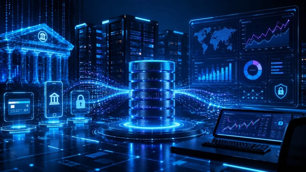 Futuristic digital illustration of data servers, graphs, and financial symbols representing digital banking technology, advanced analytics, and cybersecurity in a networked environment.