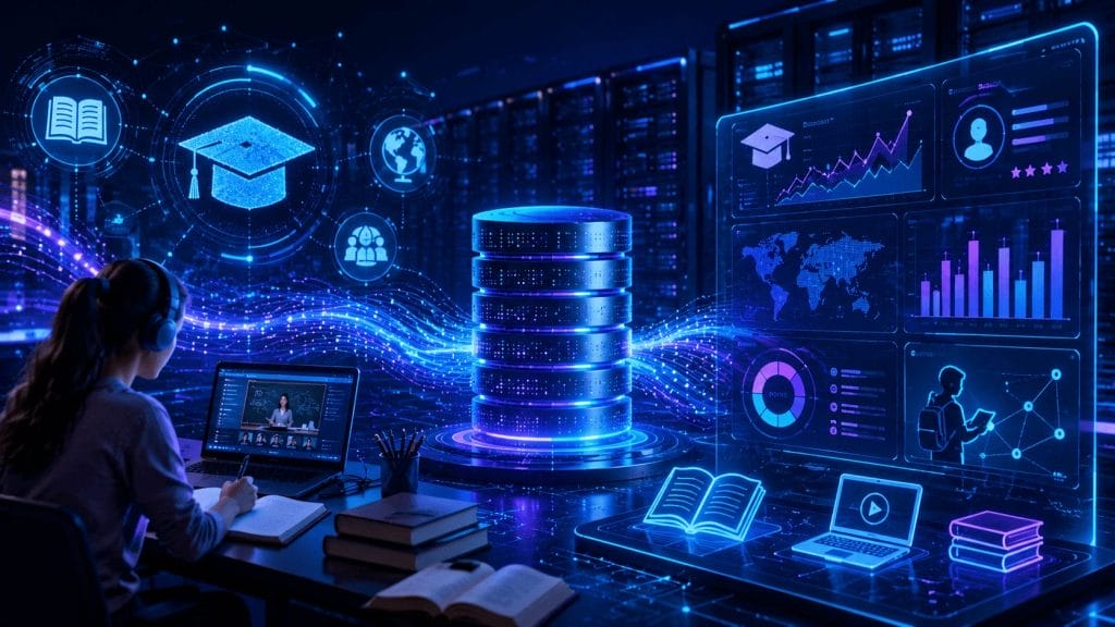 A person studies at a desk with a laptop, surrounded by holographic digital icons representing e-learning platforms, data storage, charts, and global connectivity in a high-tech environment.