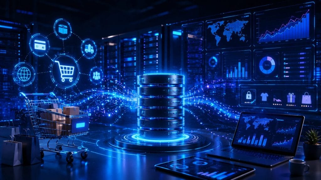 A digital illustration of a server room with data servers, e-commerce platforms icons, shopping cart, laptop, and database analytics graphics, representing online shopping and robust data infrastructure.