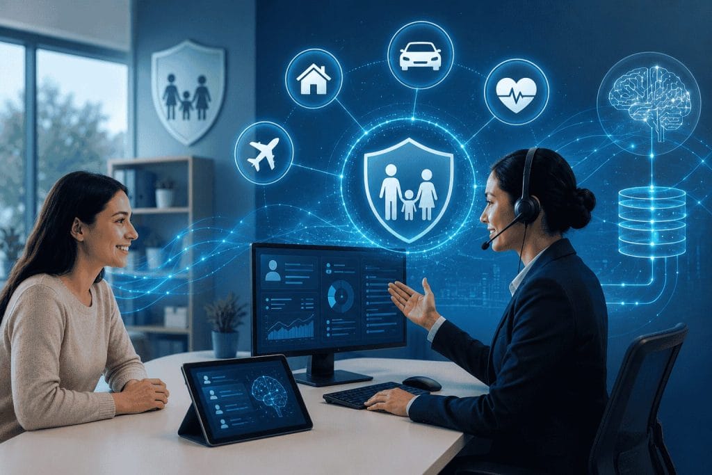 Two women sit at a desk with digital displays showing data, while insurance-related icons are illustrated in the background.