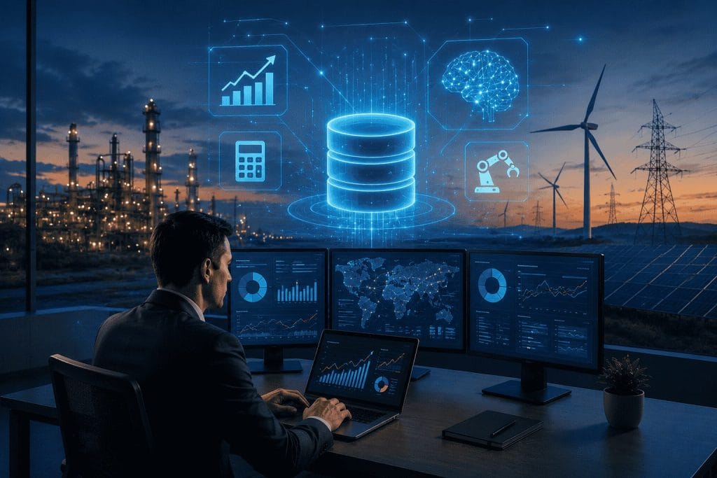 A man at a desk analyzes data on multiple monitors in an office overlooking an industrial site, with digital icons representing data and technology superimposed above.