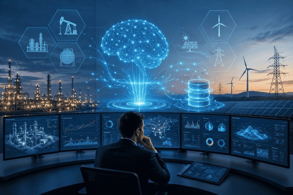 A person at a control desk monitors energy data on multiple screens, with digital graphics of energy sources and a brain symbolizing AI integration, set against a power plant and wind turbines.
