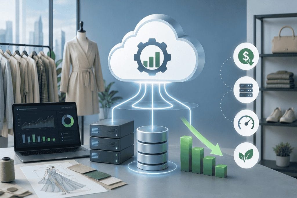 An office scene with cloud computing and data analytics graphics, fabric samples, a computer, and icons showing financial, efficiency, and sustainability benefits.