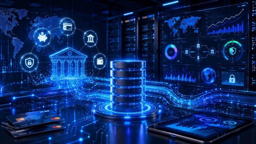 Futuristic digital illustration of financial data servers, banking icons, charts, and graphs, representing online banking, security, and data management with Intelligent Database Analytics in a high-performance tech environment for BFSI Platforms.