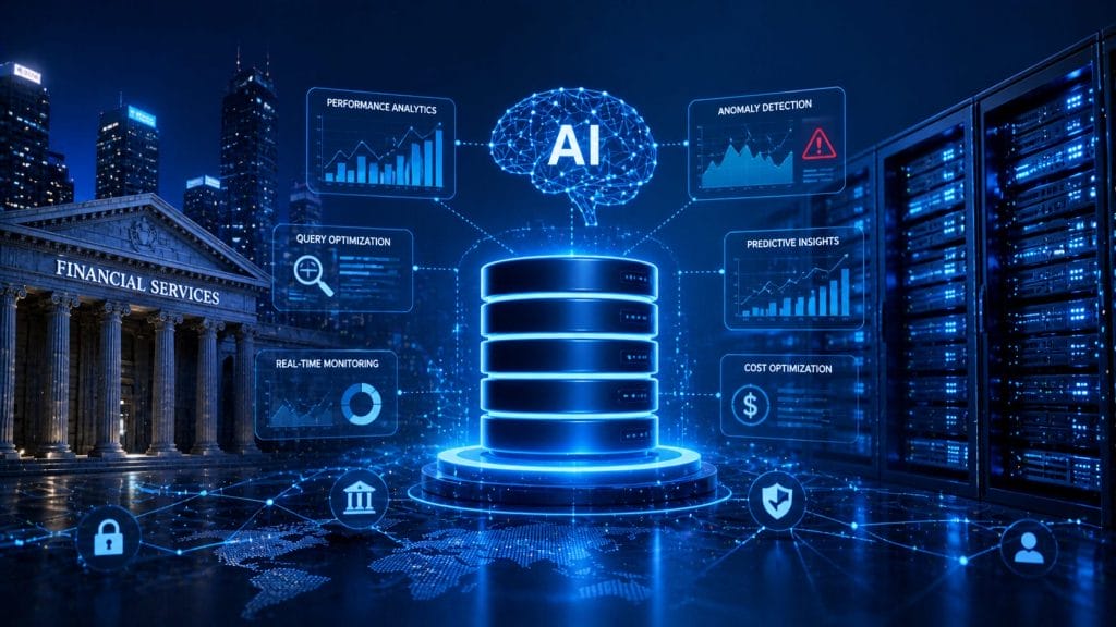 Digital illustration of AI-powered data processing in financial services, featuring a central server, infrastructure elements, data charts, icons, and a city skyline background to highlight benefits like optimization and AI-powered database analytics.