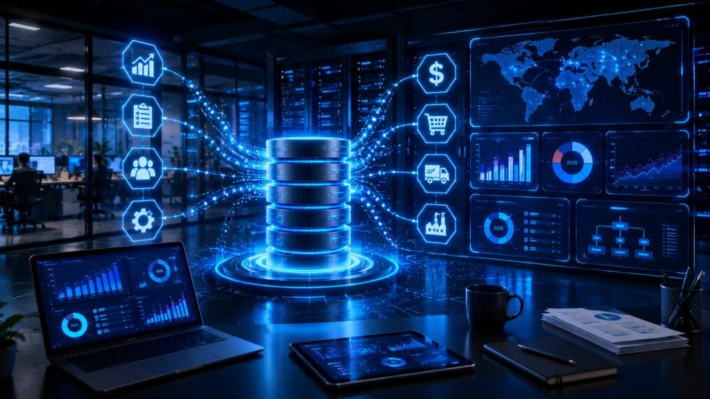 A futuristic office with digital data visualizations, servers, and laptops displaying charts, symbolizing intelligent database analytics, ERP system performance, and advanced information management.