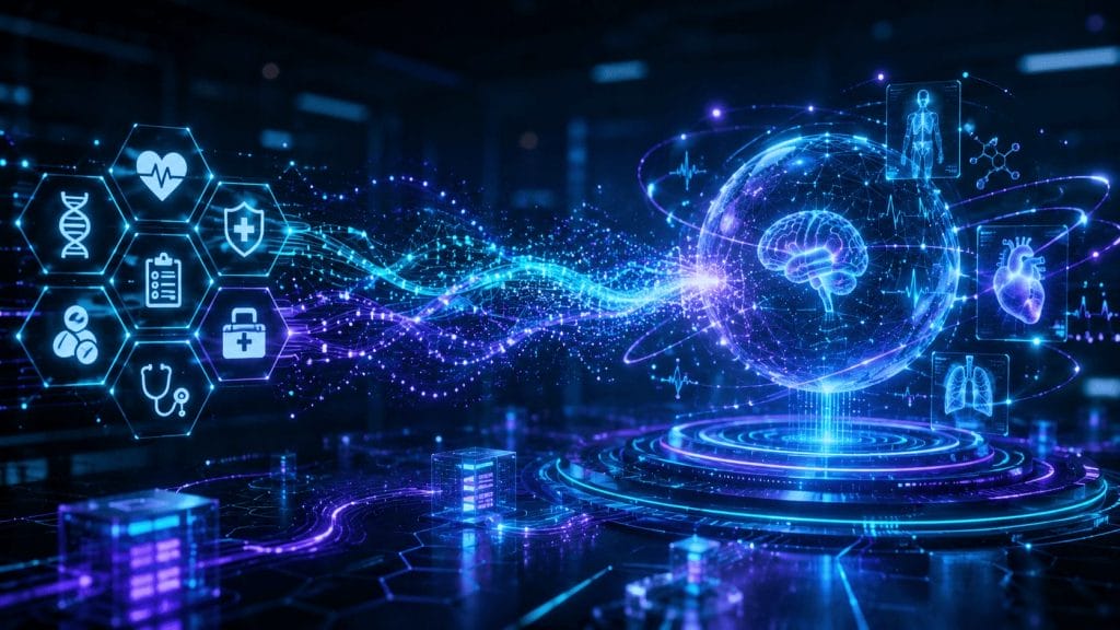 A digital rendering of a glowing brain hologram surrounded by medical icons, symbolizing healthcare platforms and intelligent database analytics powering artificial intelligence and technology in healthcare.