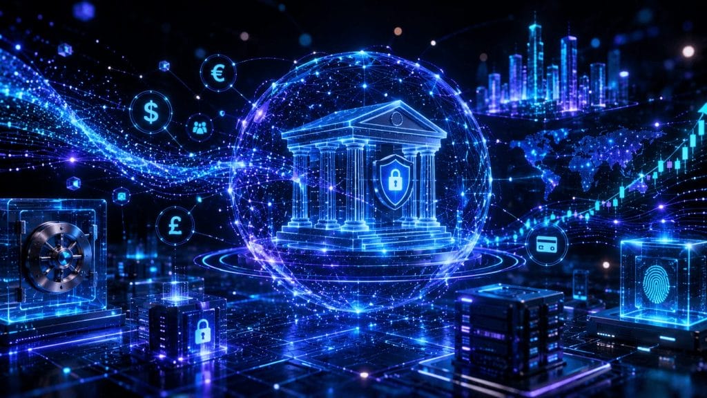 A glowing digital bank icon surrounded by security and currency symbols, representing secure digital banking, AI-driven analytics, and innovative financial technology in a futuristic cityscape.