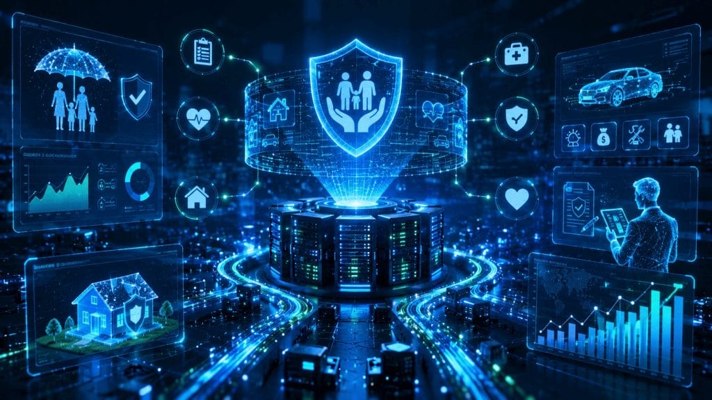 A digital illustration shows a central shield icon with people, surrounded by futuristic icons representing insurance platforms, AI-driven database analytics, technology, and security in a glowing blue cityscape.
