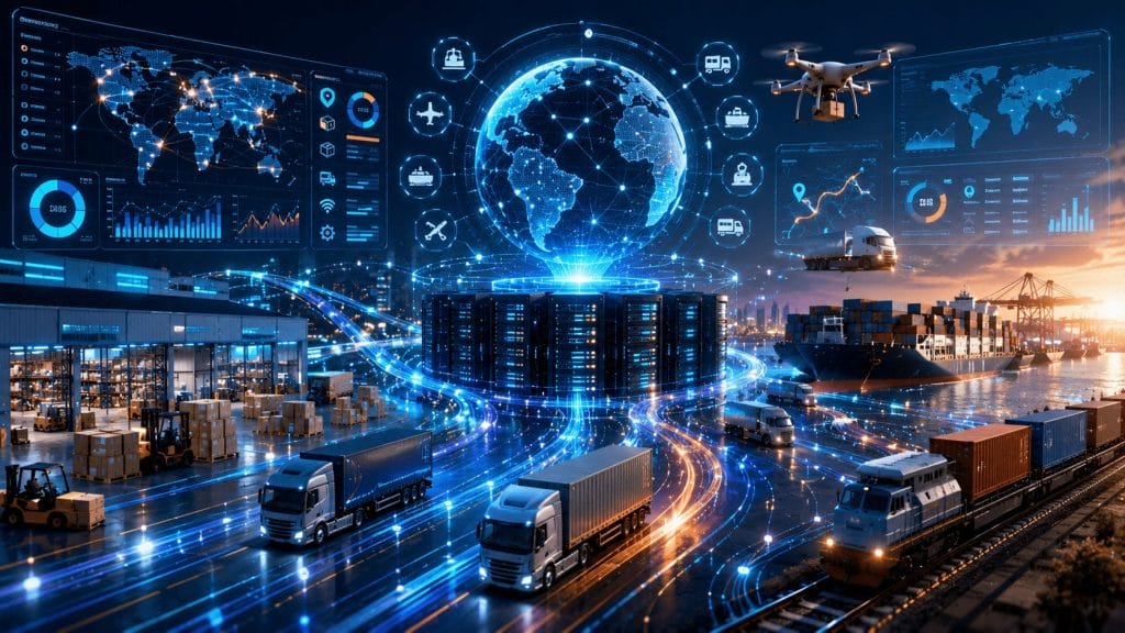 A futuristic logistics hub with trucks, containers, a cargo ship, a drone, and digital data visualizations showcasing advanced supply chain technology and database analytics integration.