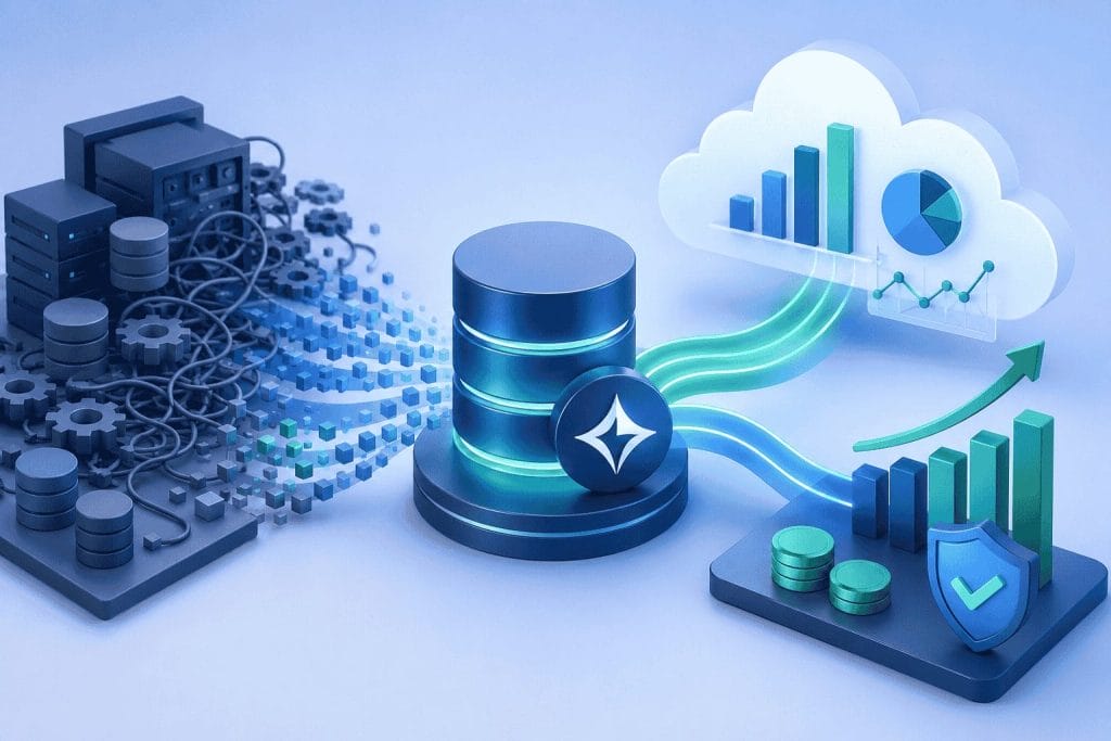 3D graphic showing data servers connected to a database, with data flowing to a cloud containing charts, and a shield icon with coins for security.