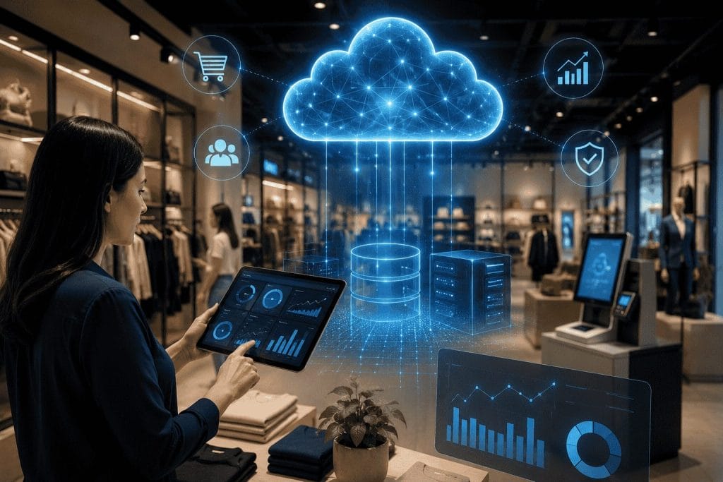 A woman in a store uses a tablet displaying data analytics, connected to a cloud with icons for shopping, users, performance, and security.
