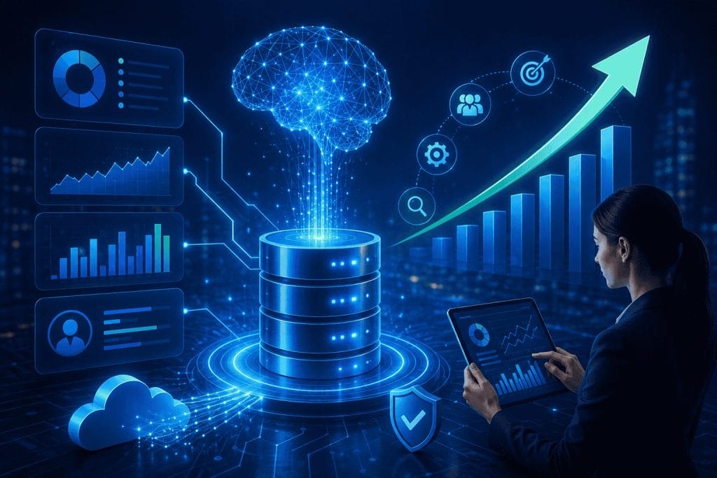 A woman uses a tablet to analyze data visualizations, with graphics showing a digital brain, server, cloud storage, charts, and a rising arrow representing growth and artificial intelligence.