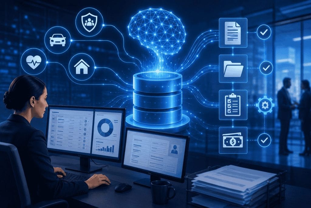 A woman works at computers displaying data analytics, while digital icons illustrate data flow and integration with sectors like healthcare, finance, and security in a modern office setting.