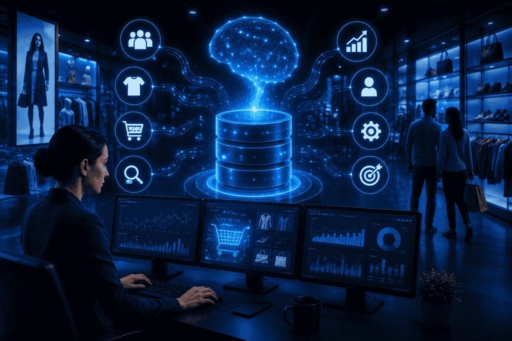 A woman at multiple monitors analyzes retail data, with glowing digital icons and a brain graphic symbolizing artificial intelligence and data integration in a modern store setting.