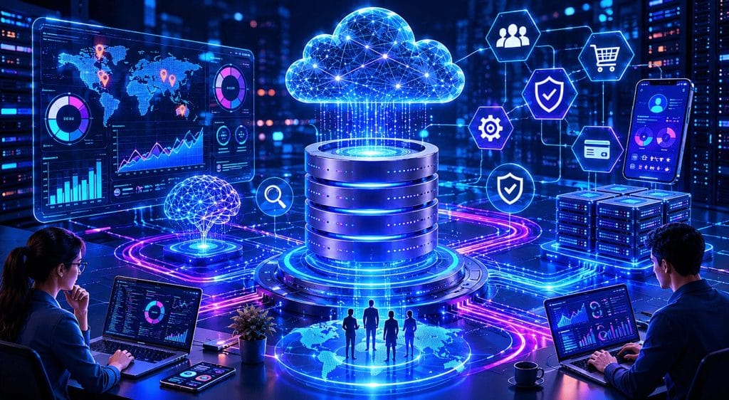 People work on laptops in a data center with digital graphics of a cloud, servers, and network symbols, illustrating proactive cloud computing, digital customer experiences, and advanced database performance management.