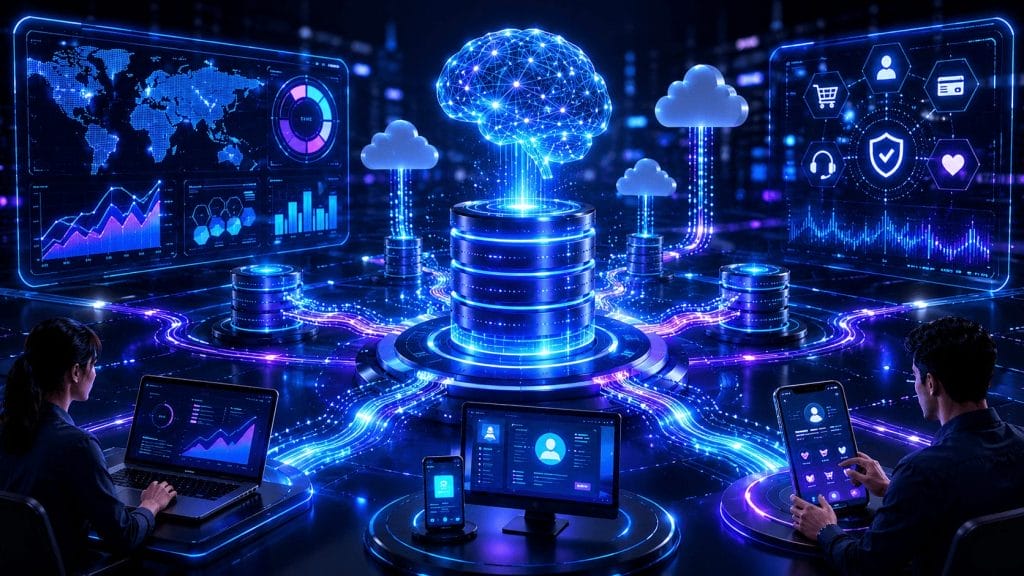 Two people work at computers surrounded by digital screens, cloud icons, and a glowing artificial intelligence brain connected to data networks, highlighting AI-Driven Database Performance Management for an enhanced digital customer experience.