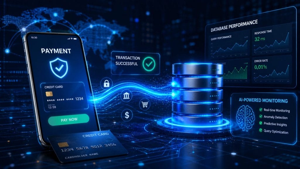 A digital illustration of mobile payment with a credit card, a smartphone, database icons, and data analytics graphics showing secure, successful transaction and AI-powered monitoring for optimizing database performance.