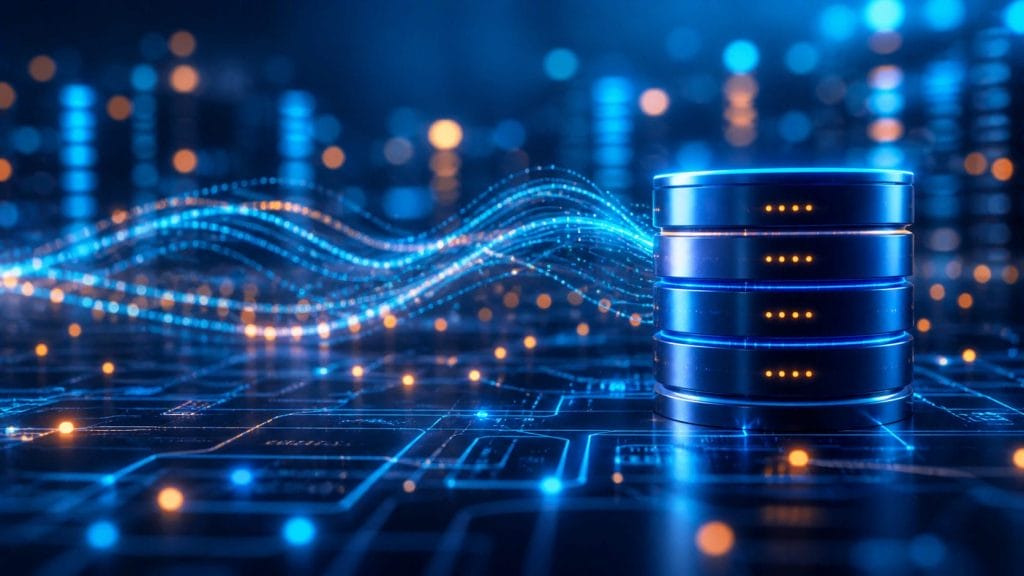 A digital illustration of a data server stack with glowing blue lights, surrounded by abstract data flow lines and circuit patterns, representing intelligent database monitoring, data storage, performance, and advanced technology.