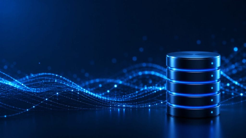 A stack of glowing blue server disks stands on a dark background, with abstract blue data waves flowing beside it, representing scaling in data storage and advanced technology.