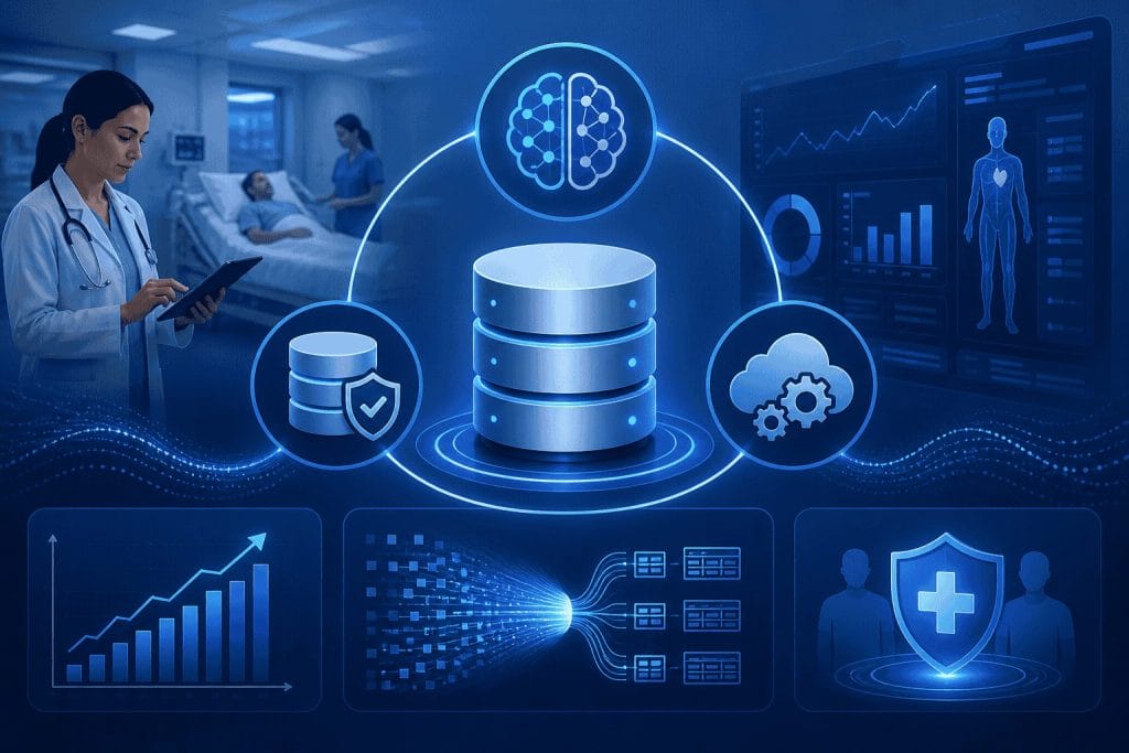 A doctor uses a tablet in a hospital; digital icons depict data storage, cloud computing, analytics, and security, representing healthcare data integration and management.