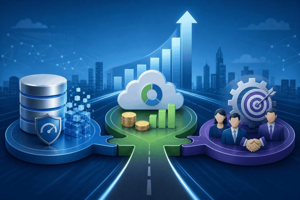 Illustration of cloud computing and data storage leading to business growth, with icons for security, cloud analytics, coins, target achievement, and people shaking hands.