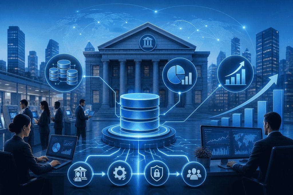 People work at computers in a city office at night, with digital graphics overlaying financial data, charts, and a central bank building, symbolizing modern banking technology.