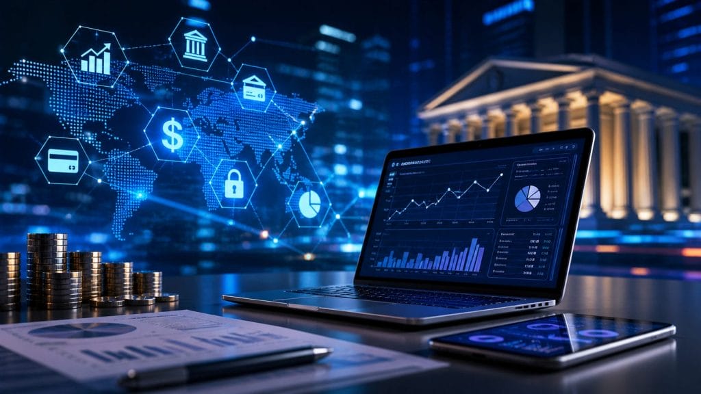 A laptop displaying financial charts sits on a desk with coins, documents, and a smartphone, set against digital banking icons and a city skyline at night&mdash;highlighting the power of financial platforms and AI-driven database analytics.