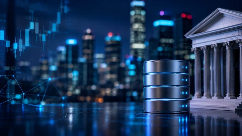 A stack of glowing data servers stands beside a classical building, highlighting robust data infrastructure, with a city skyline and digital financial graphs illuminating the connection to modern financial institutions.