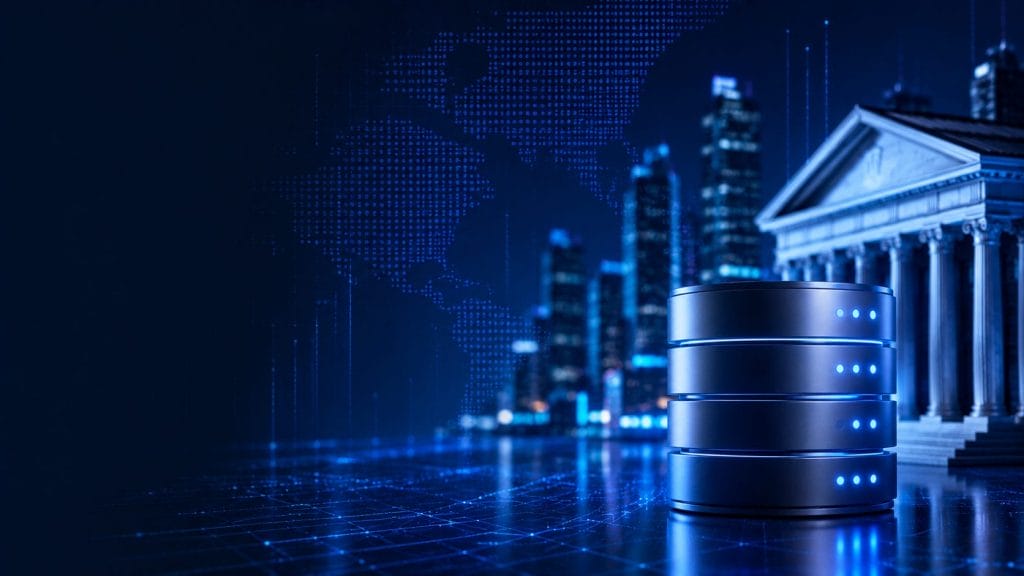 A digital illustration of a data server stack in front of a classical government building, with a city skyline and digital world map in the background, highlights resilient database technology powering modern financial data platforms.