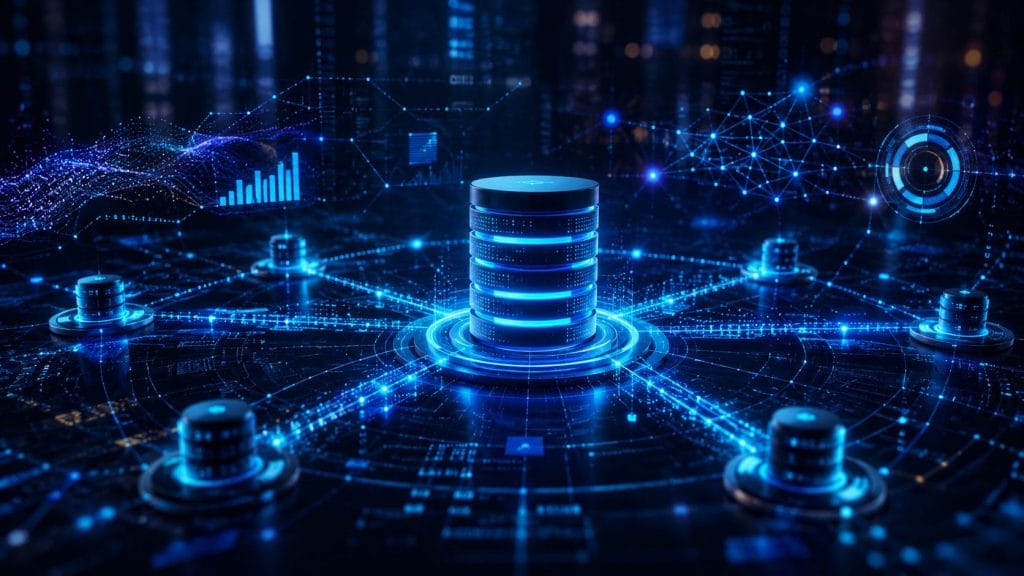 A large central digital server is connected to multiple smaller servers in a glowing blue network, representing Intelligent Database Analytics and streamlined data management in a futuristic cityscape.
