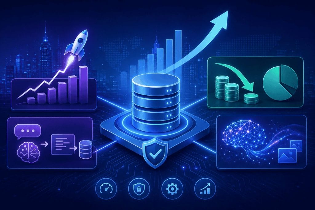 Futuristic graphic showing data storage at the center, with icons representing growth, analytics, AI, automation, security, and cloud computing on a digital background.