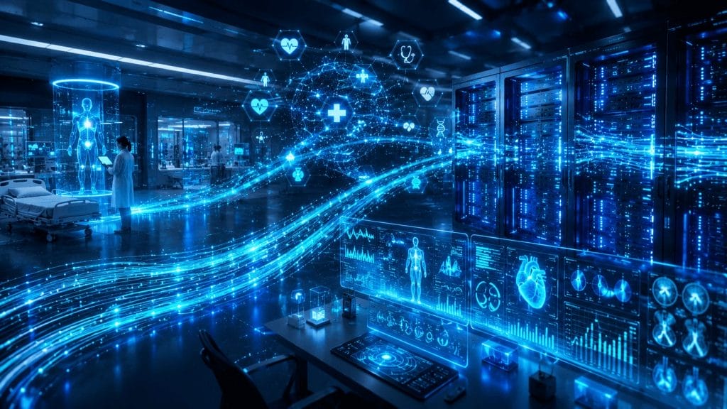 Futuristic hospital with digital interfaces, holograms, and servers displaying patient data and medical icons, illustrating advanced healthcare technology powered by Advanced Database Analytics for improved performance and reliability in modern healthcare systems.