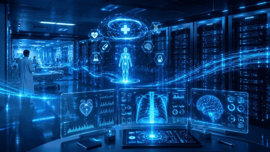 Futuristic hospital setting with digital medical data displays, holographic human figure, and health icons, all integrated into advanced healthcare data infrastructure and intelligent database systems, with servers and a person in a lab coat.