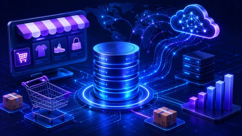 Digital illustration of e-commerce concepts, featuring AI-Driven Database Optimization, a shopping cart, online store, cloud computing, packages, bar graphs, and network connections in a futuristic style highlighting scalability.