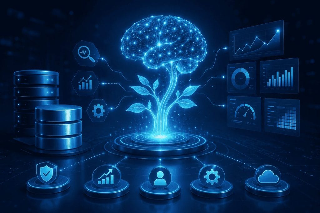 A glowing digital brain with neural connections grows from a plant, surrounded by data charts and icons representing analytics, cloud, user, and security in a futuristic style.