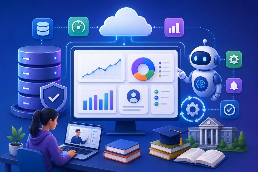 A woman uses a laptop with data charts on a large screen, a robot, cloud computing, servers, and educational icons, symbolizing online learning and AI in education.