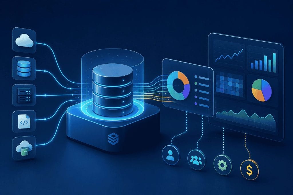 Illustration of a central database with data flowing to and from various sources and graphs, representing data analytics and integration.