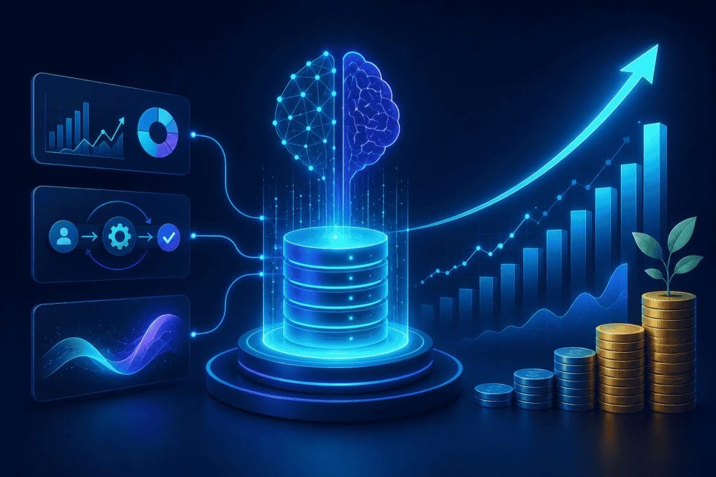 A digital illustration shows data charts, a glowing brain, rising bar graphs, and stacks of coins, representing data analysis, growth, and financial success.