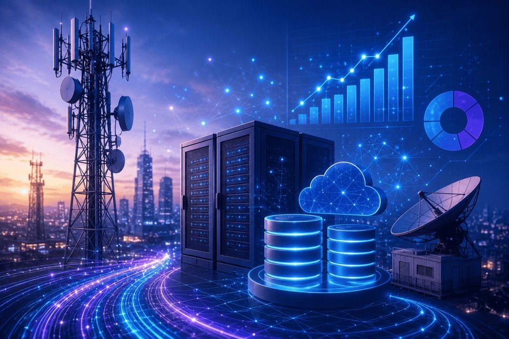 A cityscape with a cell tower, satellite dish, server racks, cloud and database icons, and digital graphs, representing data storage and telecommunications technology.