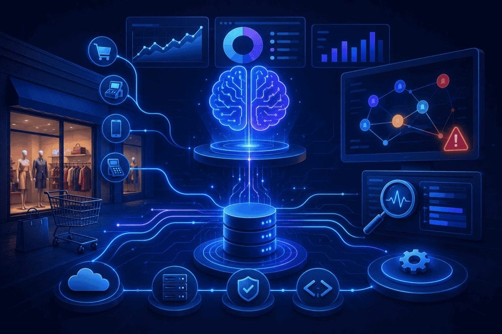 A digital illustration of a glowing brain connected to various data icons and charts, representing artificial intelligence and data analytics in a retail setting.