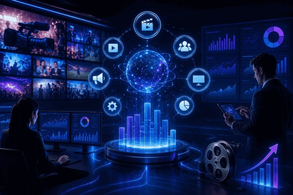 Two people analyze media and data on multiple screens in a high-tech control room with holographic icons and graphs depicting digital media and global connectivity.