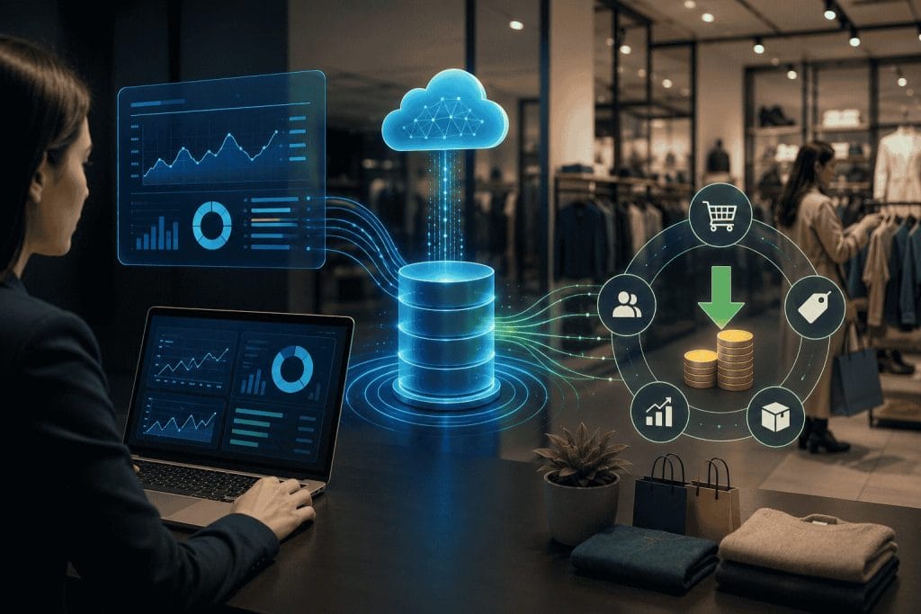 A woman works on a laptop displaying data analytics, with digital icons showing cloud data storage and online retail business processes overlaid in a store setting.