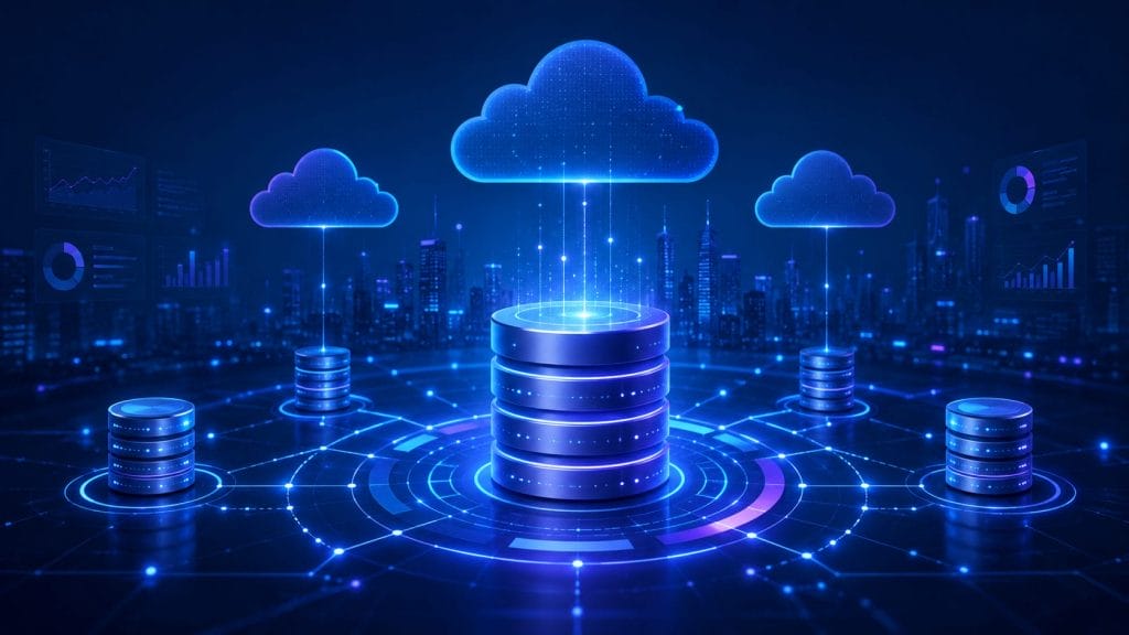 Digital illustration of cloud computing concept with central data server connected to multiple databases via cloud icons, highlighting AI-powered database observability and multi-cloud infrastructure, set against a futuristic cityscape with technology-themed graphics.