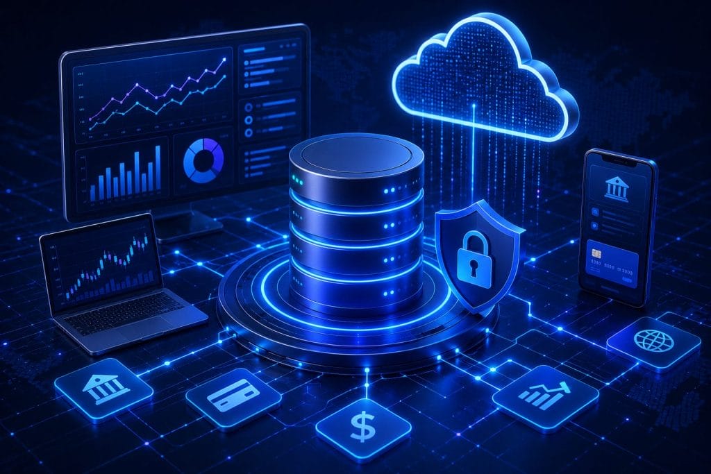 Digital illustration of cloud data storage with a central server, shield icon, laptop, smartphone, and financial icons representing cybersecurity in banking and finance for modern FinTech platforms.