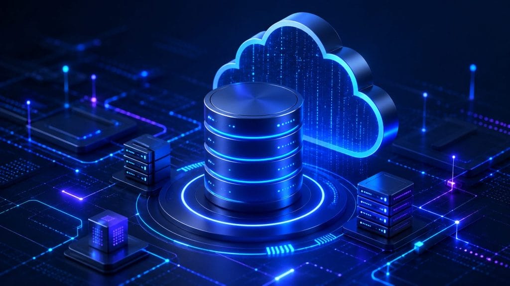 A digital illustration of cloud computing with a glowing cloud and server stacks, representing data storage, network connections, and optimizing SQL performance management on a dark, futuristic background.